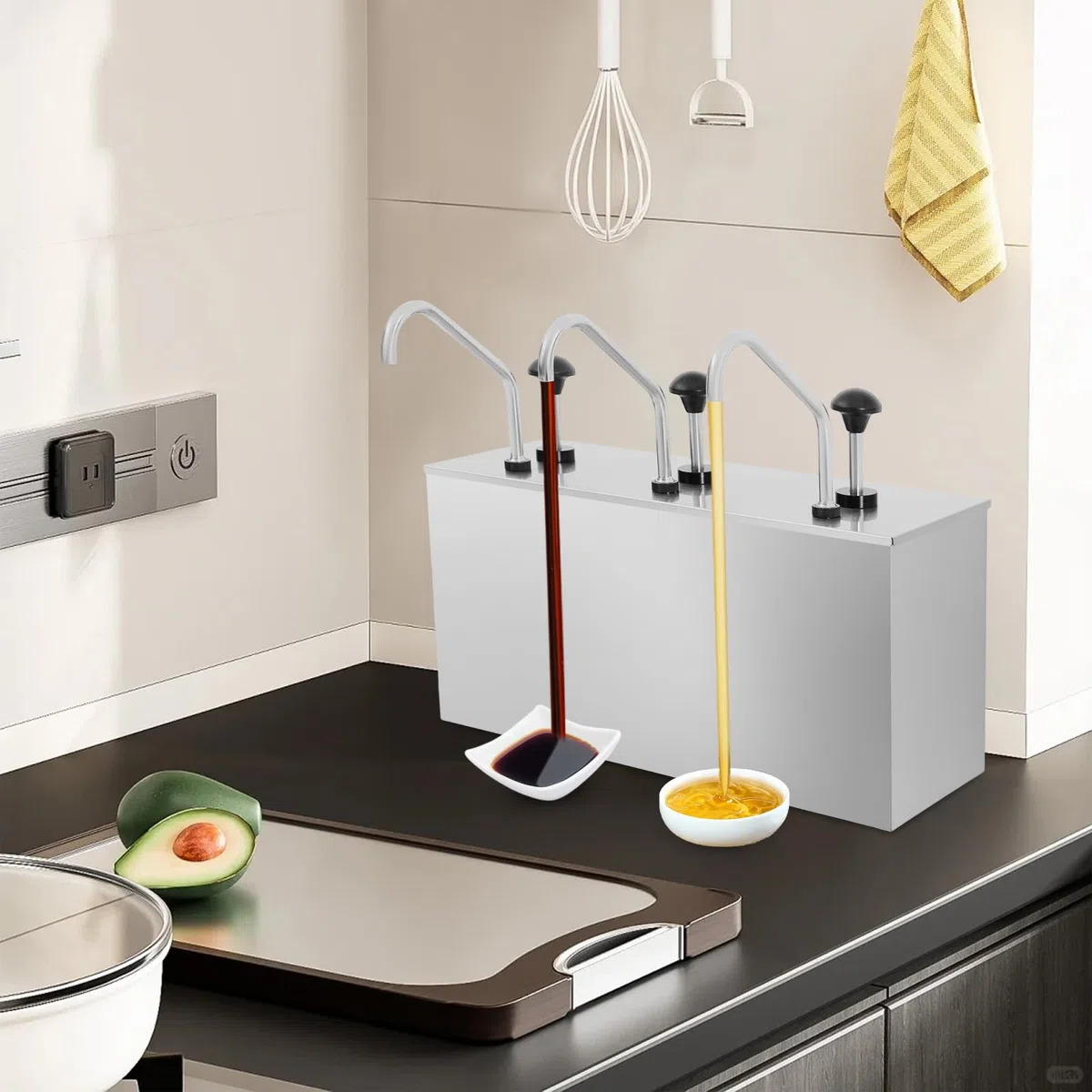Distributore di salsa, pompa per salsa, dispenser condimenti, 3 scomparti 4 l, beccuccio antiostruzione, per ristorante casa caffetteria hotel, acciaio inossidabile, stazione di pompaggio