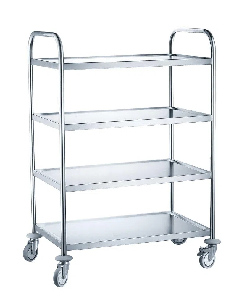 HENDI Carrello di servizio, cucina, ristorante, multiuso, 4 ripiani, 4 ruote girevoli, 2 con freno, carico massimo per ripiano 50 kg, piano di lavoro 794x539 mm, 905x585x(H)1245 mm, acciaio inox