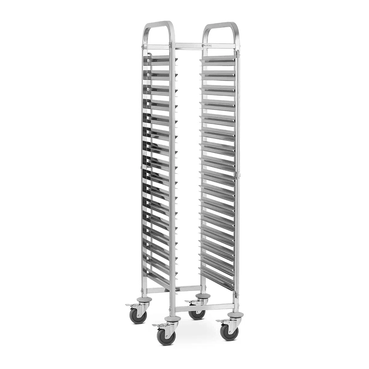 Royal Catering - Carrello per vassoi (16 attacchi GN, distanza di 80 mm, GN 1/1, 1/2, freno di stazionamento, acciaio inox) argento