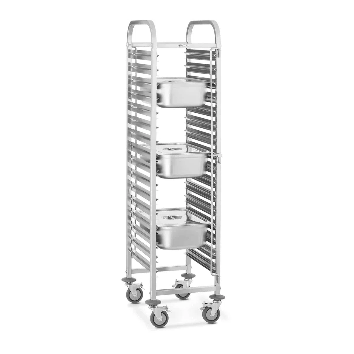 Royal Catering RCTW-16GN.1 Carrello Portavassoi Carrello Cucina Professionale (150 kg, Capacità 16 Contenitori GN 1/1, Sicure Verticali per Contenitore) Acciaio Inox