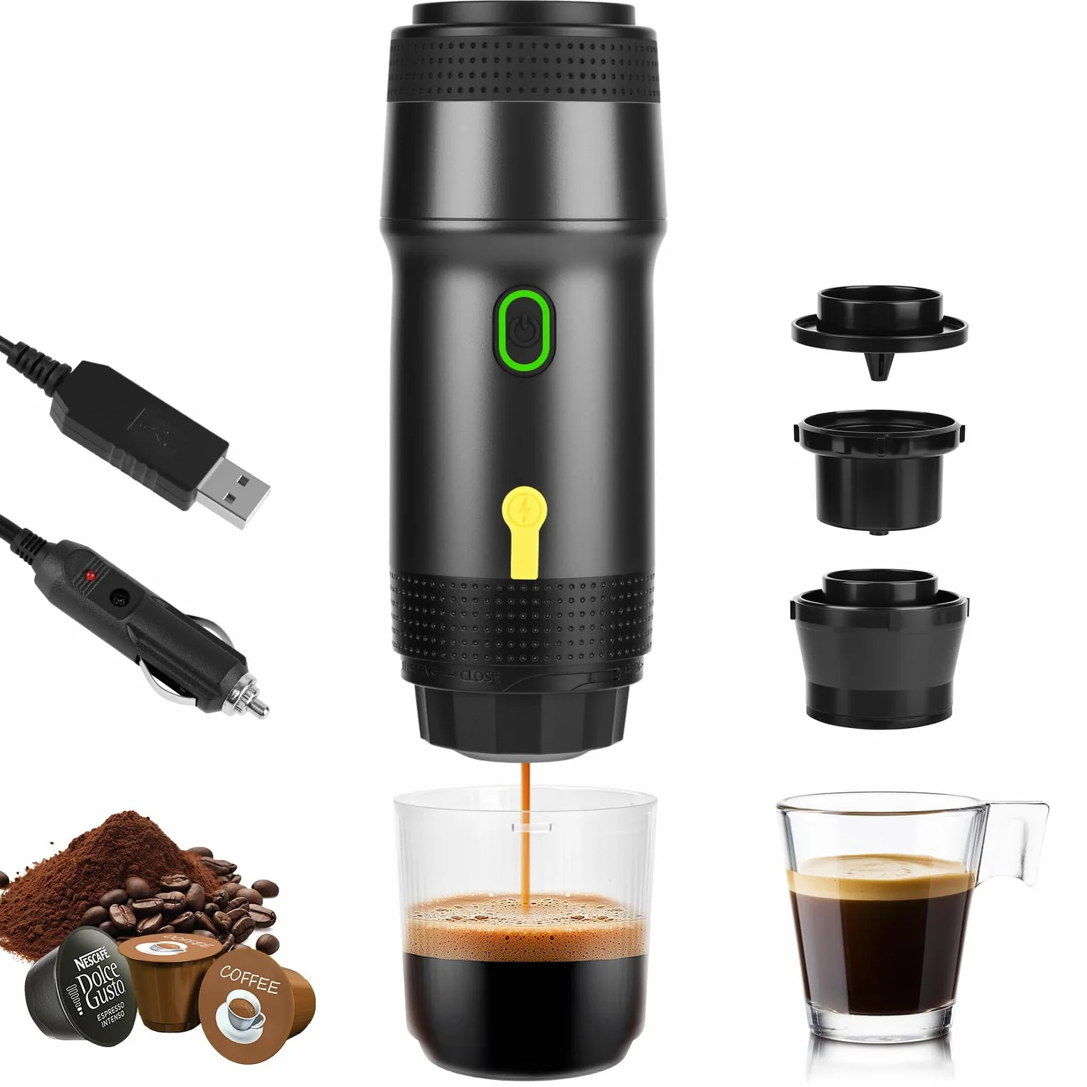 Dreamhigh® Macchina per caffè espresso portatile con batteria da 7500 mAh, macchina da caffè da viaggio, piccola con USB e caricatore per auto, mini macchina per espresso compatibile con capsule di