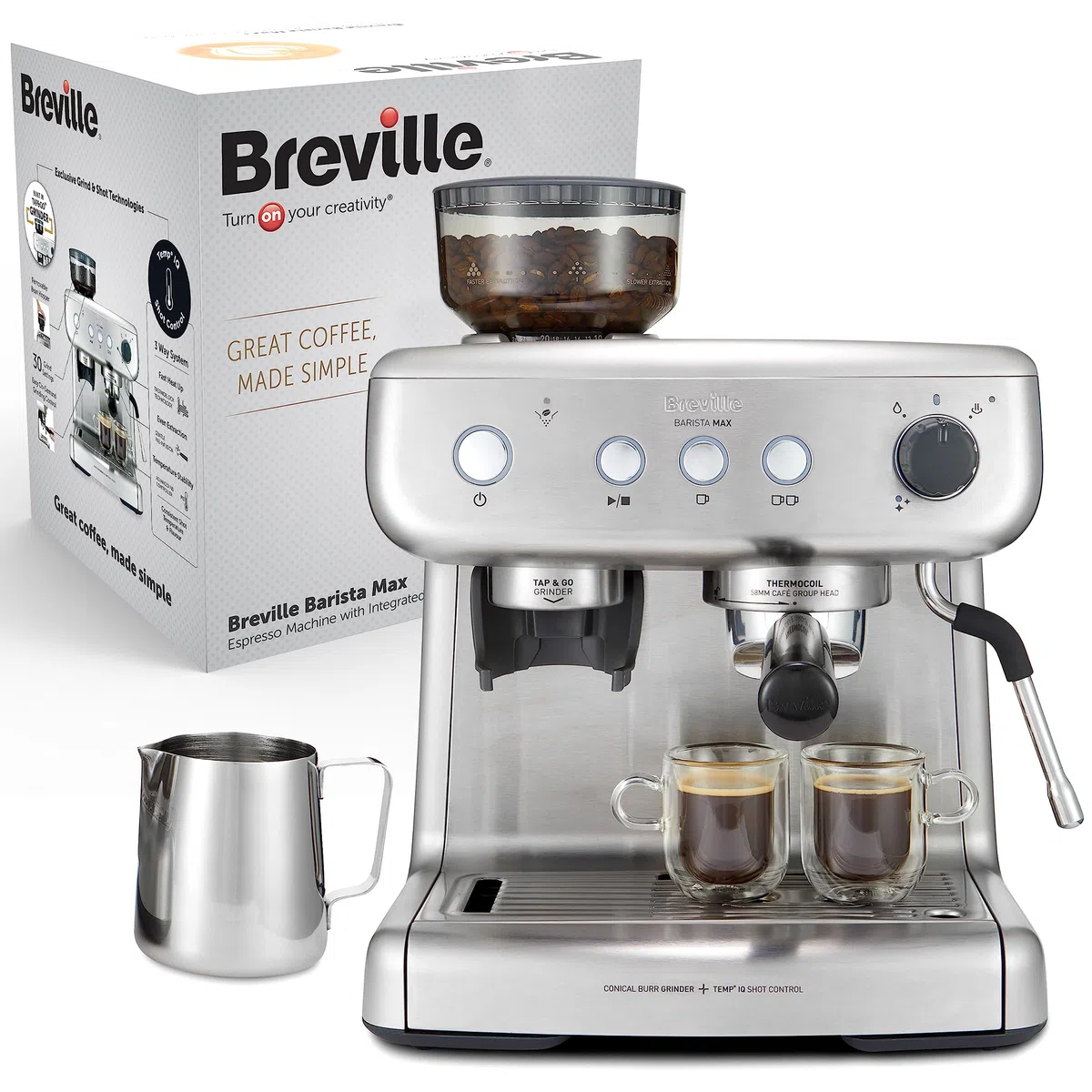 Breville Macchina per caffè espresso Barista Max, sistema Thermoblock con tecnologia PID, vaporizzatore, pompa italiana 15 bar, capacità 2.8 l, 1550 W, Macina caffè integrato, Argento