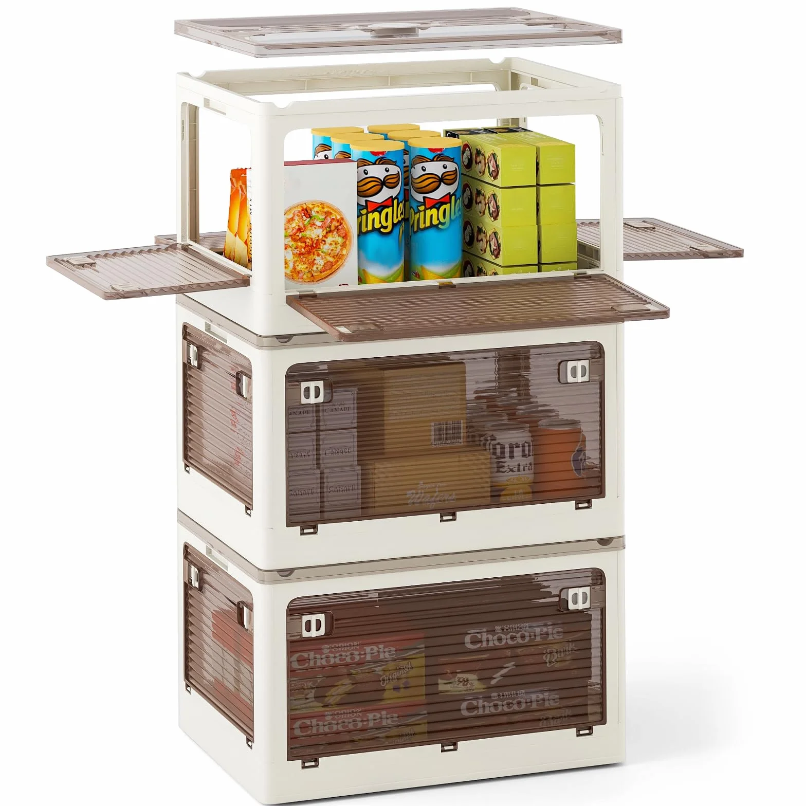 COSTWAY Set di 3 Contenitori Impilabili con Coperchi, Contenitori Pieghevoli in Plastica 132/90 L, Organizzatore con Ruote per Camera da Letto Soggiorno e Cucina (51,5x36,5x88cm)