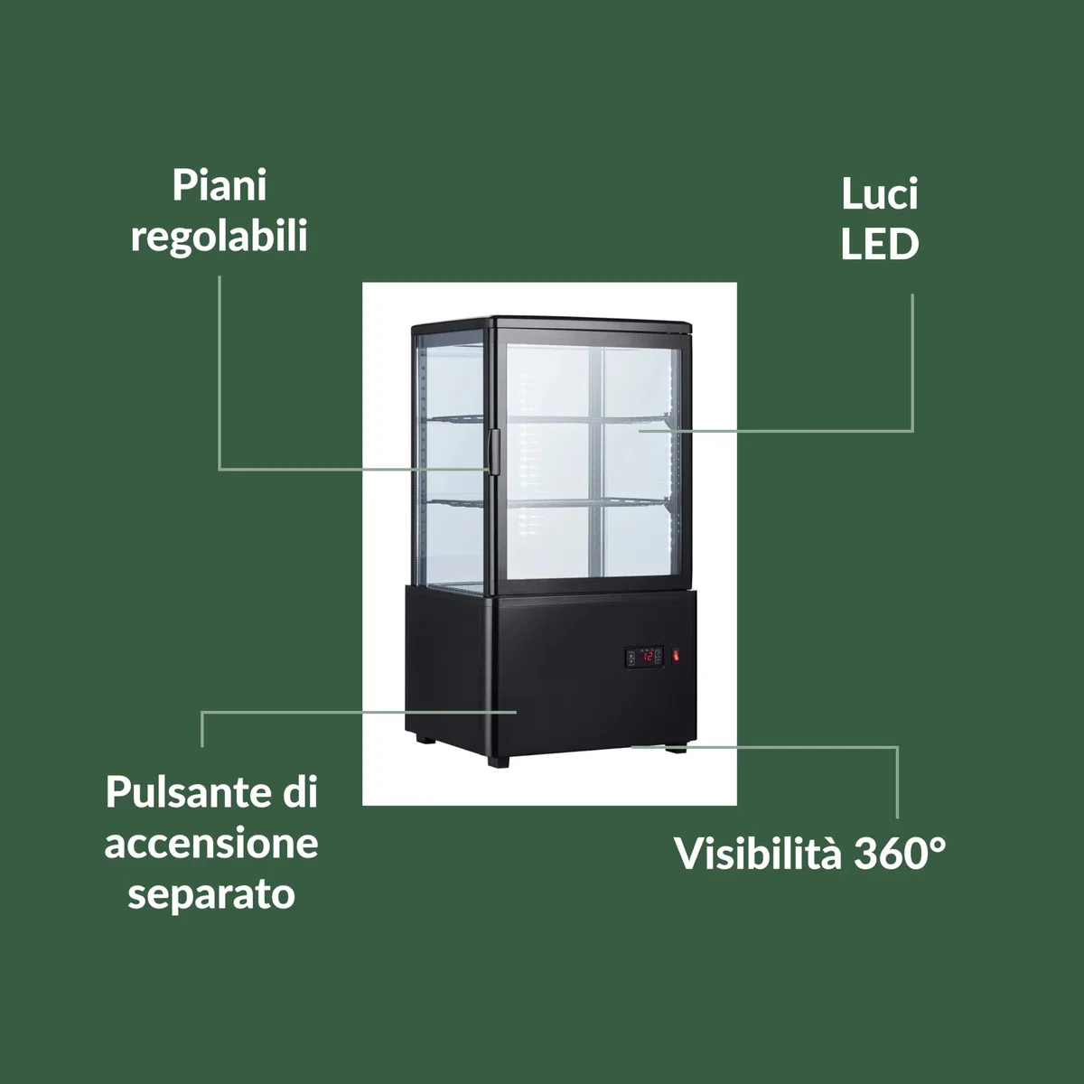 Ristoattrezzature Frigo Vetrina Bibite e Pasticceria 58 lt - 4 Lati in Vetro - Nera - +2/+10 °C - 44,7x40x81,9h cm
