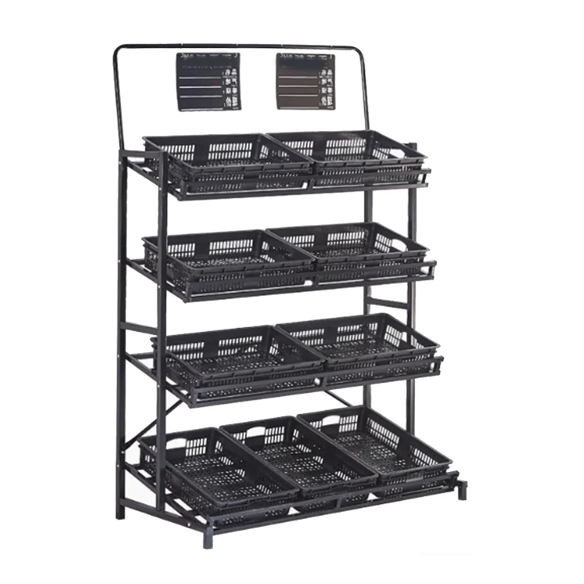 Espositore per verdure a 4 ripiani, grandi ripiani per snack, scaffalatura per forniture per negozi al dettaglio con contenitore di stoccaggio staccabile, espositore per prodotti alimentari(Black,120*