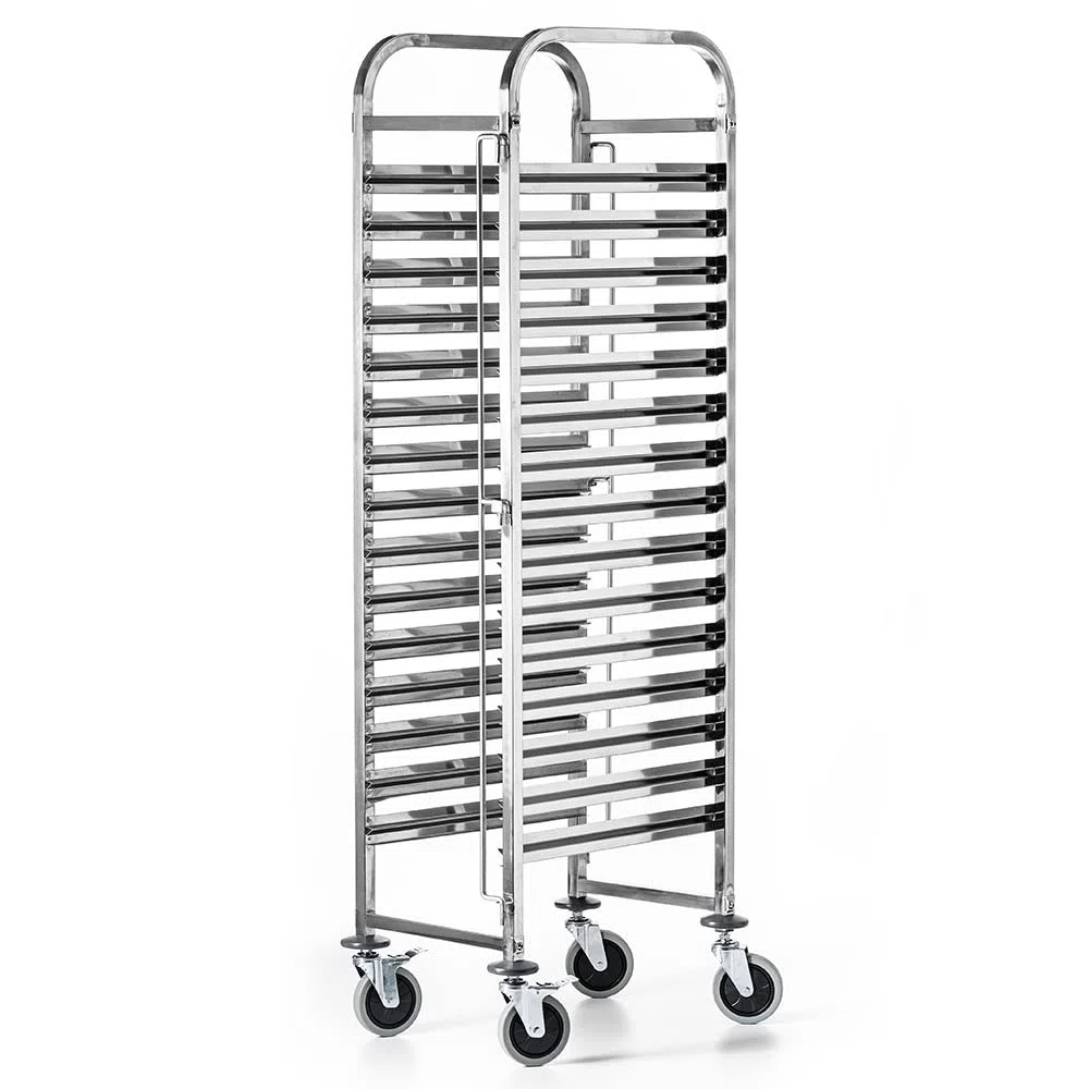Carello Portavassoi, Carrello di Servizio Con Ruote in Acciaio Inox, per 15 Vassoi GN 1/1, Dimensioni 38x55x173 cm, Carrello da Cucina, Per Ristorante, Hotel, Scuola
